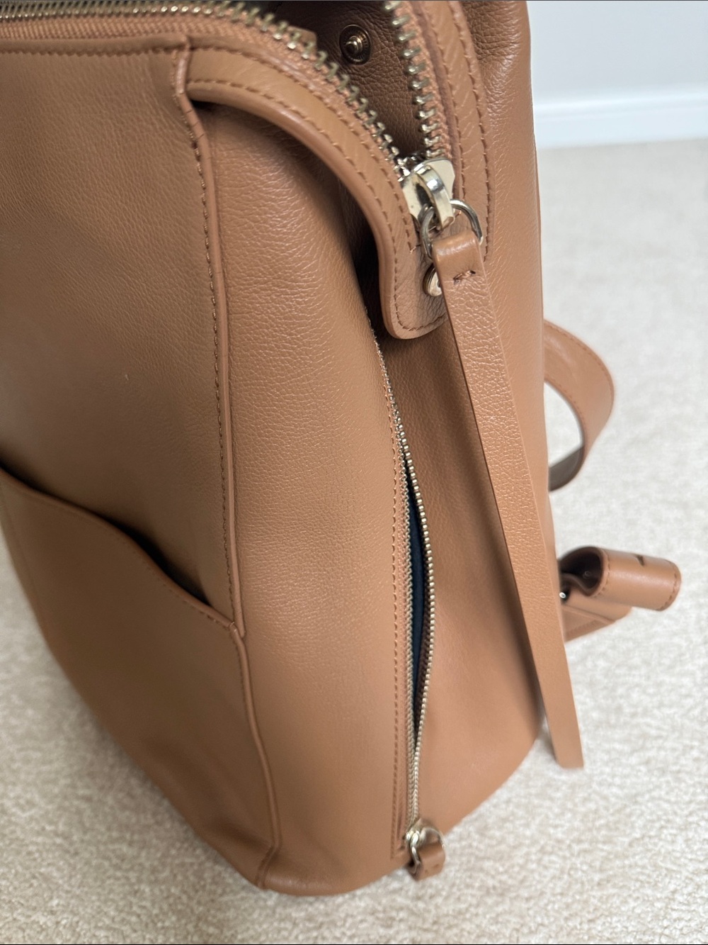 Minimalist Tan Leather Diaper Bag Backpack with Top Handle - Picture 4 of 4